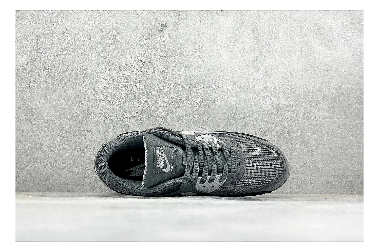 Nike Air Max 90 Grey Black QC reference photo showing grey and black layered upper, visible Air window, classic Air Max 90 panels, and sturdy retro sole thumbnail 6