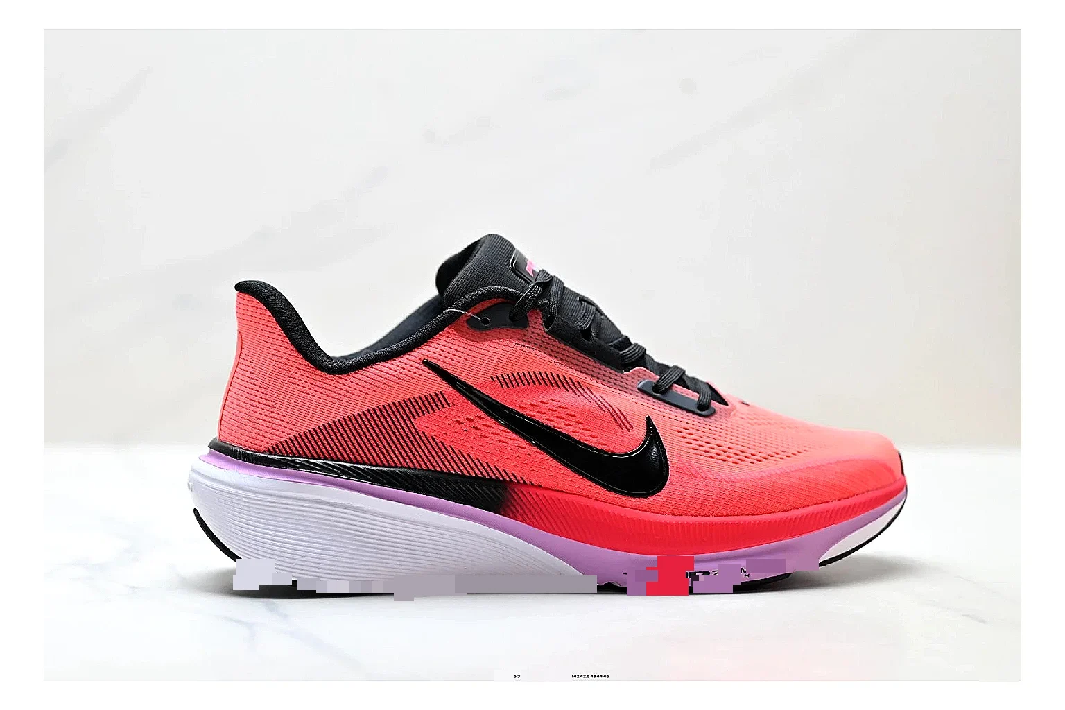 Nike Air Zoom Pegasus Pink Black Sneakers QC photo reference showing pink black running sneakers with mesh texture, side-profile shape, upper panel lines, and outsole detail