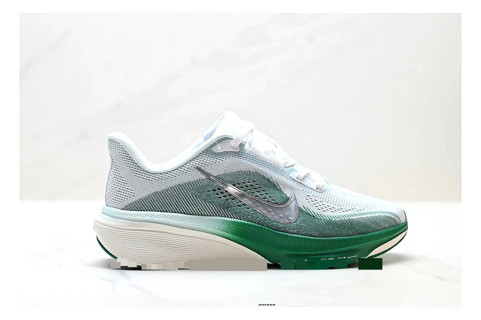 Nike Air Zoom Pegasus White Green Sneakers QC photo reference showing white green running sneakers with mesh texture, side-profile shape, upper panel lines, and outsole detail