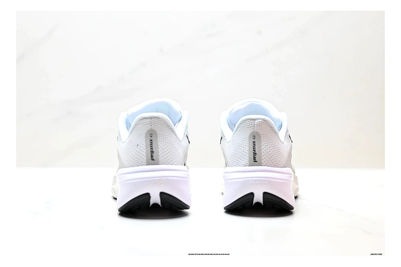 Nike Air Zoom Pegasus White Pink Sneakers QC photo reference showing white pink running sneakers with mesh texture, side-profile shape, upper panel lines, and outsole detail