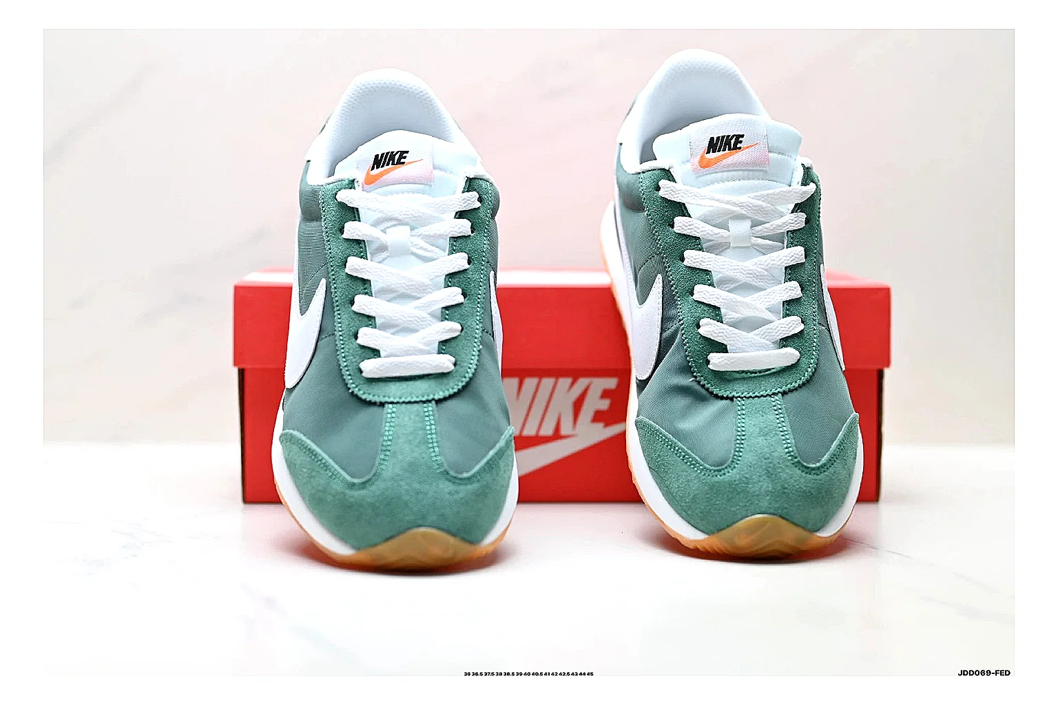 Nike Cortez Green White QC reference photo showing green white leather low-top upper, slim retro runner profile, Swoosh detail, and classic Cortez sole thumbnail 4