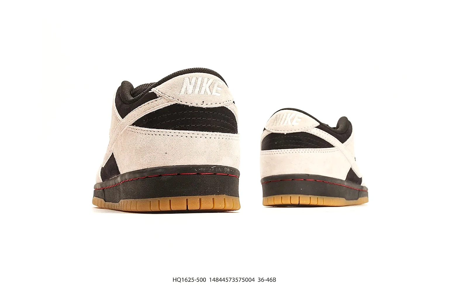 Nike Dunk Low Beige Black QC reference photo showing beige and black leather panels, low Dunk shape, padded collar, and basketball-retro sole