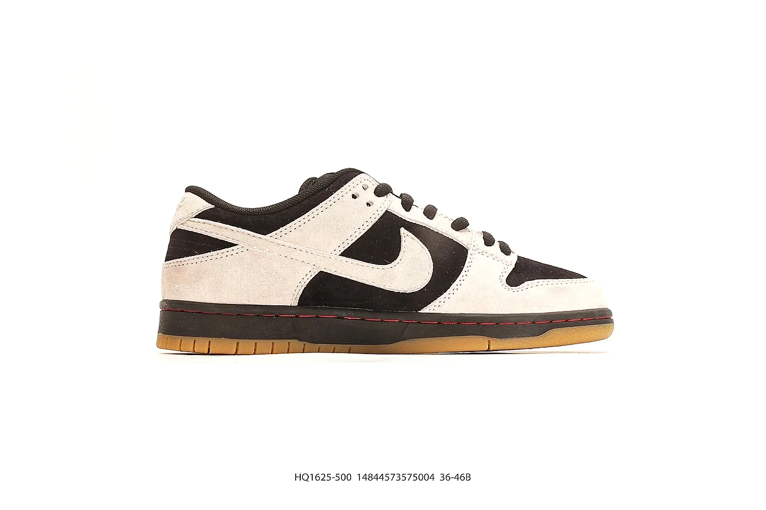Nike Dunk Low Beige Black QC reference photo showing beige and black leather panels, low Dunk shape, padded collar, and basketball-retro sole thumbnail 5