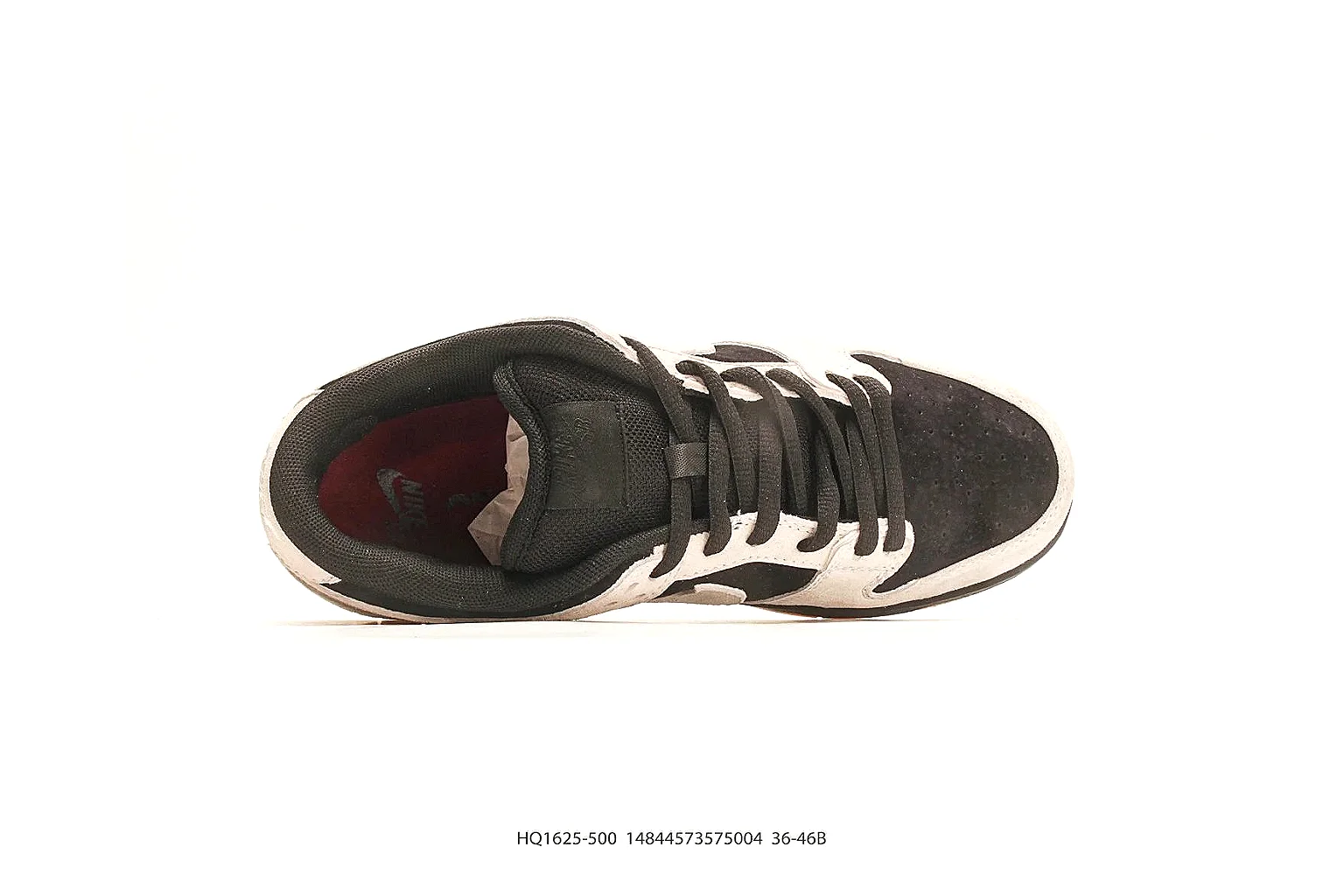 Nike Dunk Low Beige Black QC reference photo showing beige and black leather panels, low Dunk shape, padded collar, and basketball-retro sole thumbnail 6