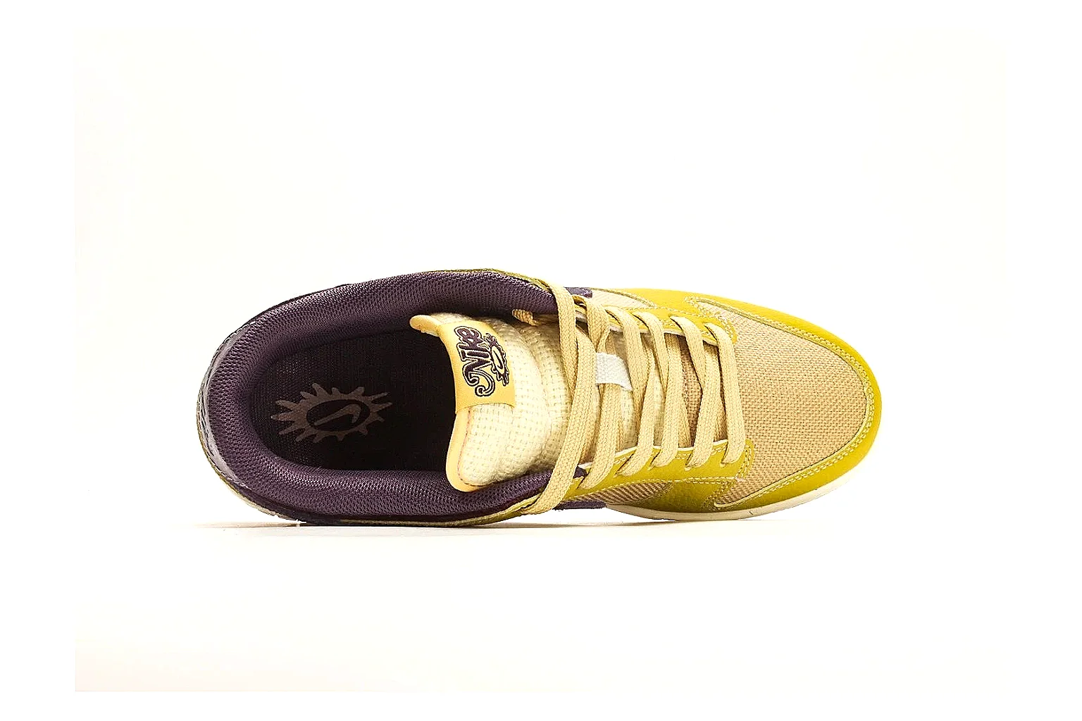 Nike Dunk Low Yellow Purple QC reference photo showing yellow and purple leather panels, dark Swoosh, heel overlay, cream midsole, and brown outsole thumbnail 6