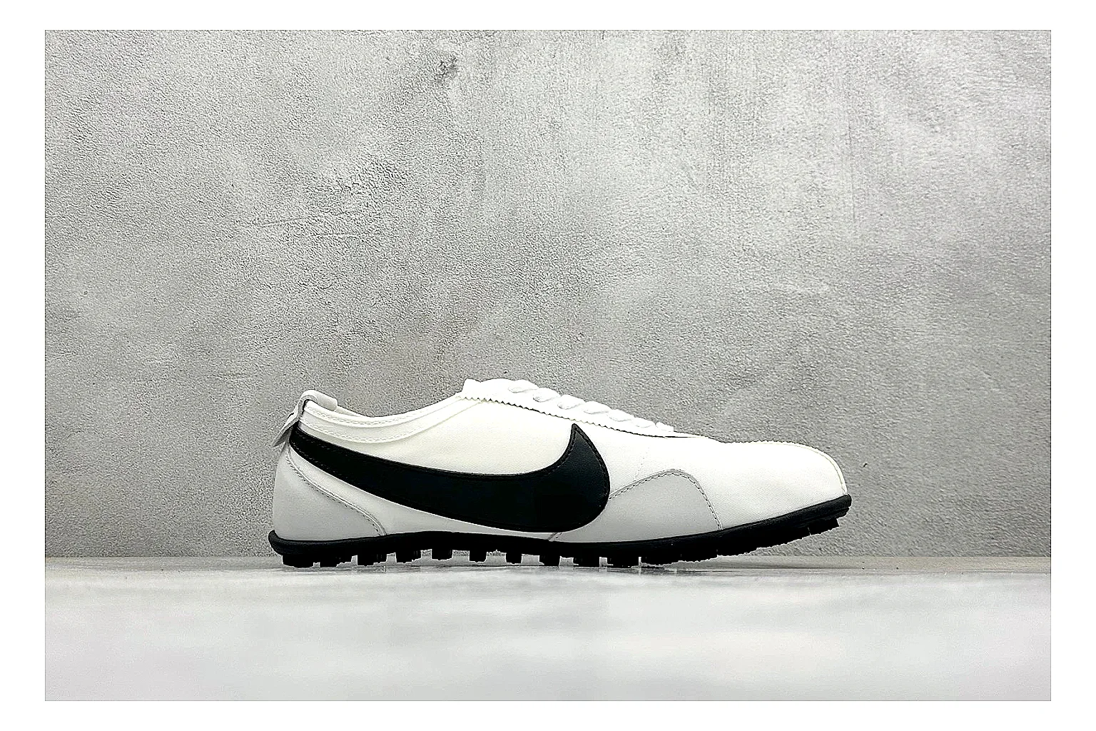 Nike Moon Shoe OG White Black QC reference image showing white upper, black Swoosh, slim retro runner shape, and waffle-style outsole thumbnail 5