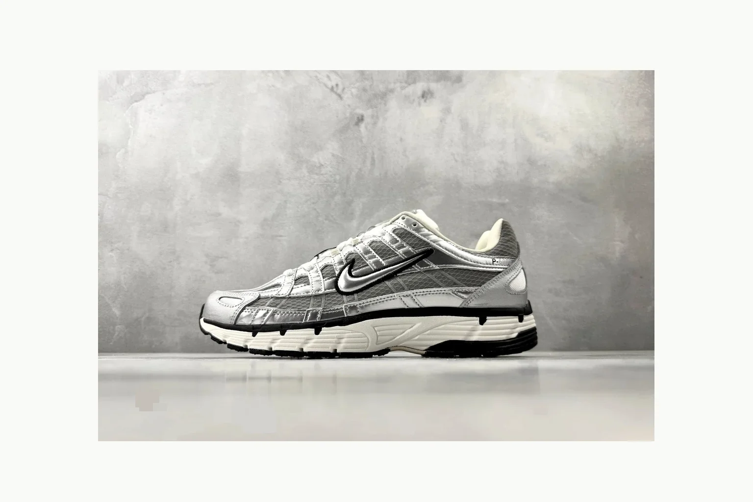 Nike P-6000 Silver Grey Sneaker QC photo showing grey silver p-6000 runner with mixed upper and runner shape