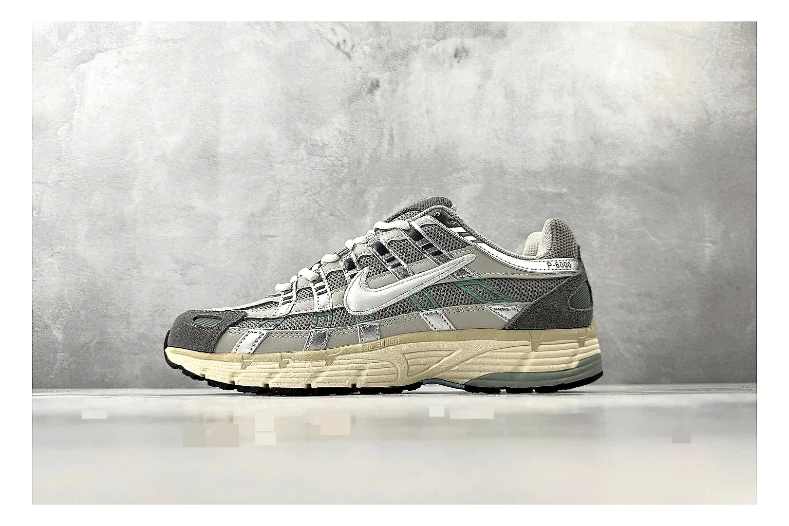 Nike P-6000 White Silver Sneaker QC photo showing white silver p-6000 runner with mixed upper and runner shape