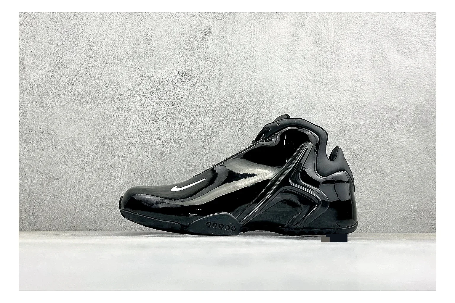 Nike Zoom Hyperflight Black QC reference photo showing glossy black basketball upper, sleek shell shape, subtle Swoosh detail, and sculpted court sole
