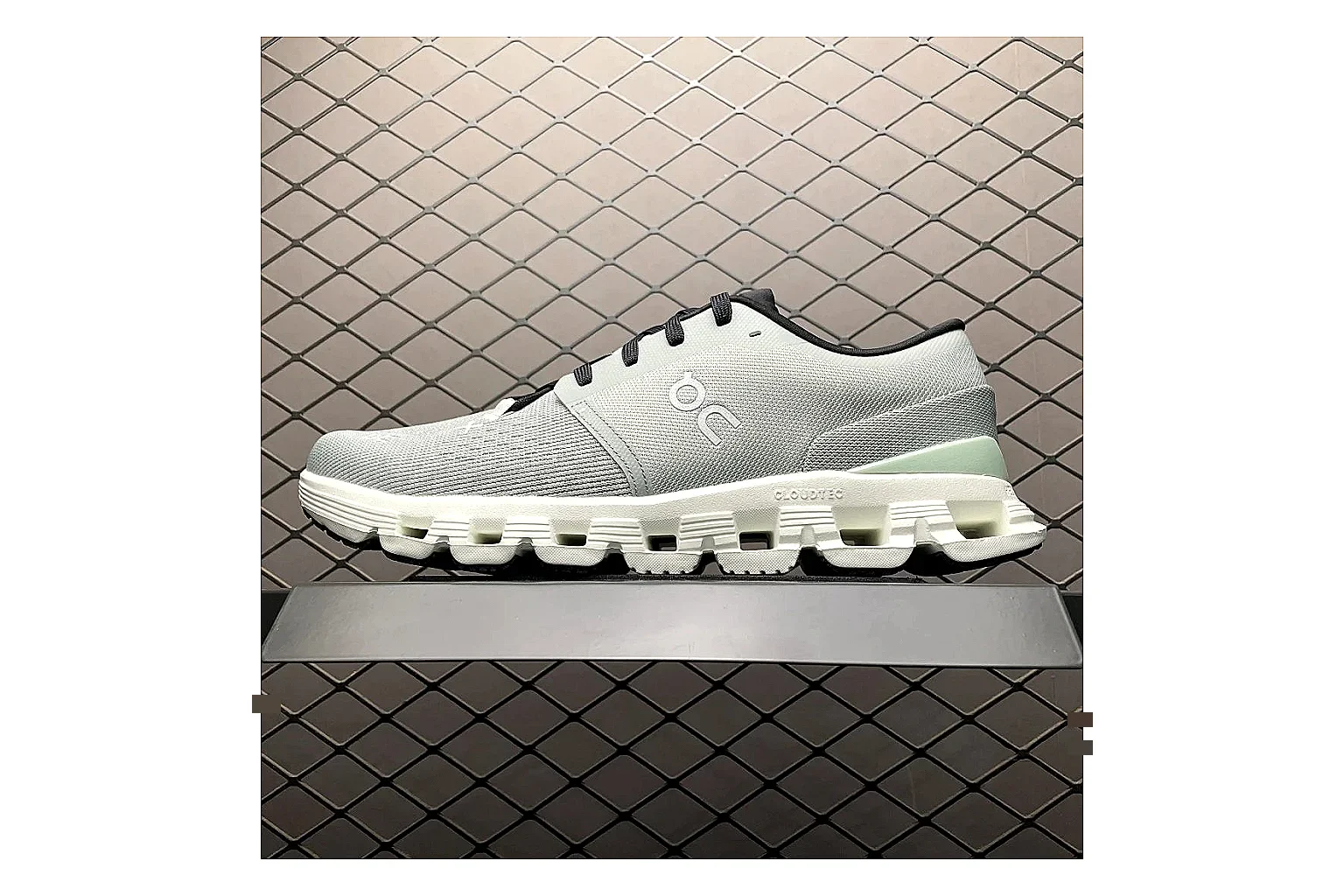 On Cloud X Grey Green Sneaker QC photo showing grey green cloud x trainer with mixed upper and trainer shape