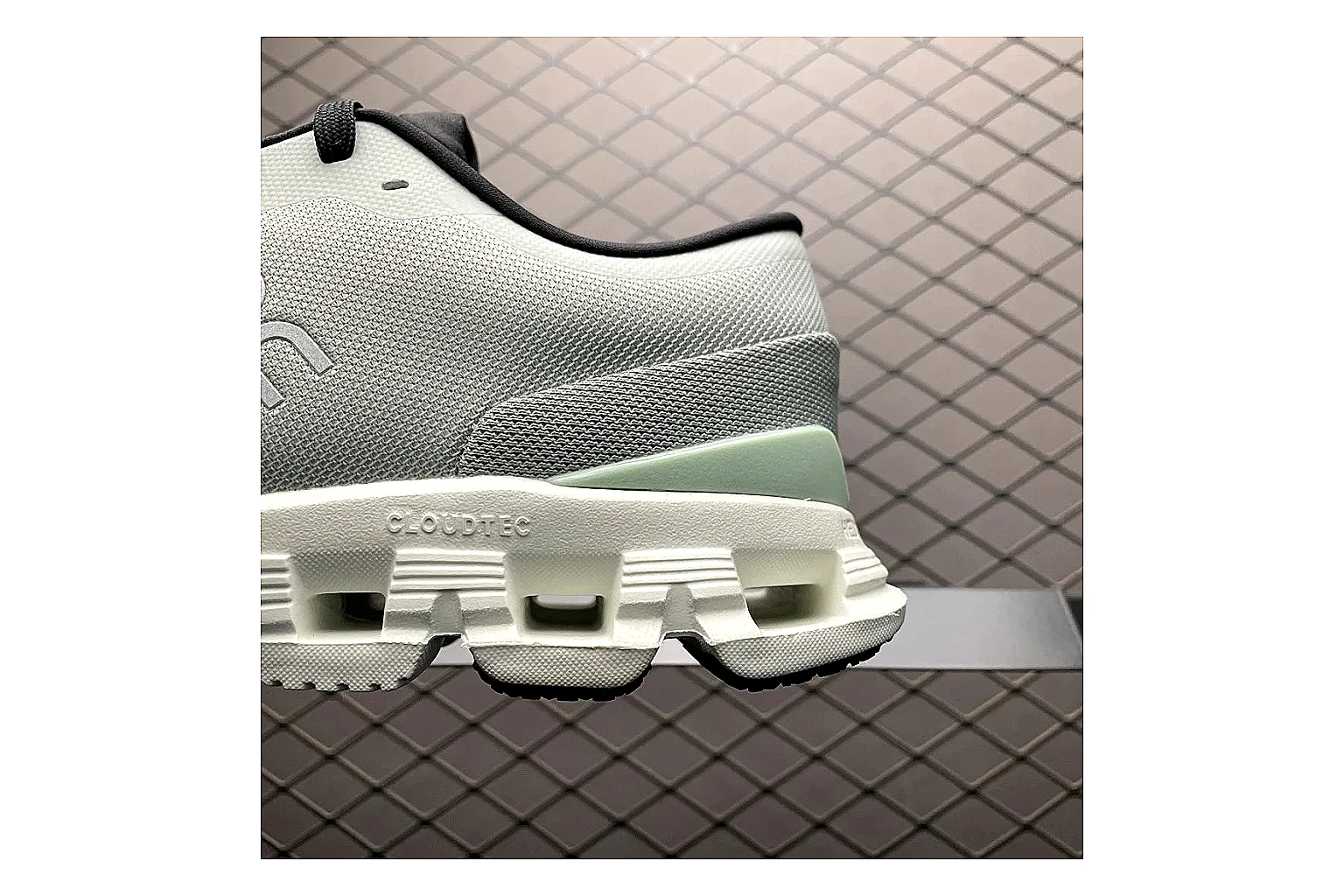 On Cloud X Grey Green Sneaker QC photo showing grey green cloud x trainer with mixed upper and trainer shape thumbnail 2