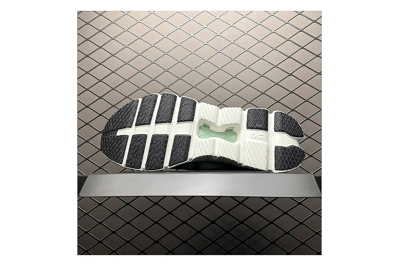 On Cloud X Grey Green Sneaker QC photo showing grey green cloud x trainer with mixed upper and trainer shape thumbnail 3