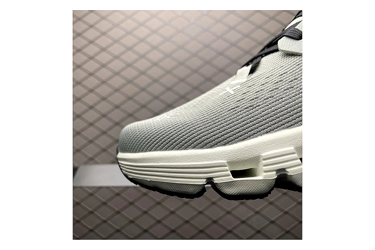 On Cloud X Grey Green Sneaker QC photo showing grey green cloud x trainer with mixed upper and trainer shape thumbnail 4