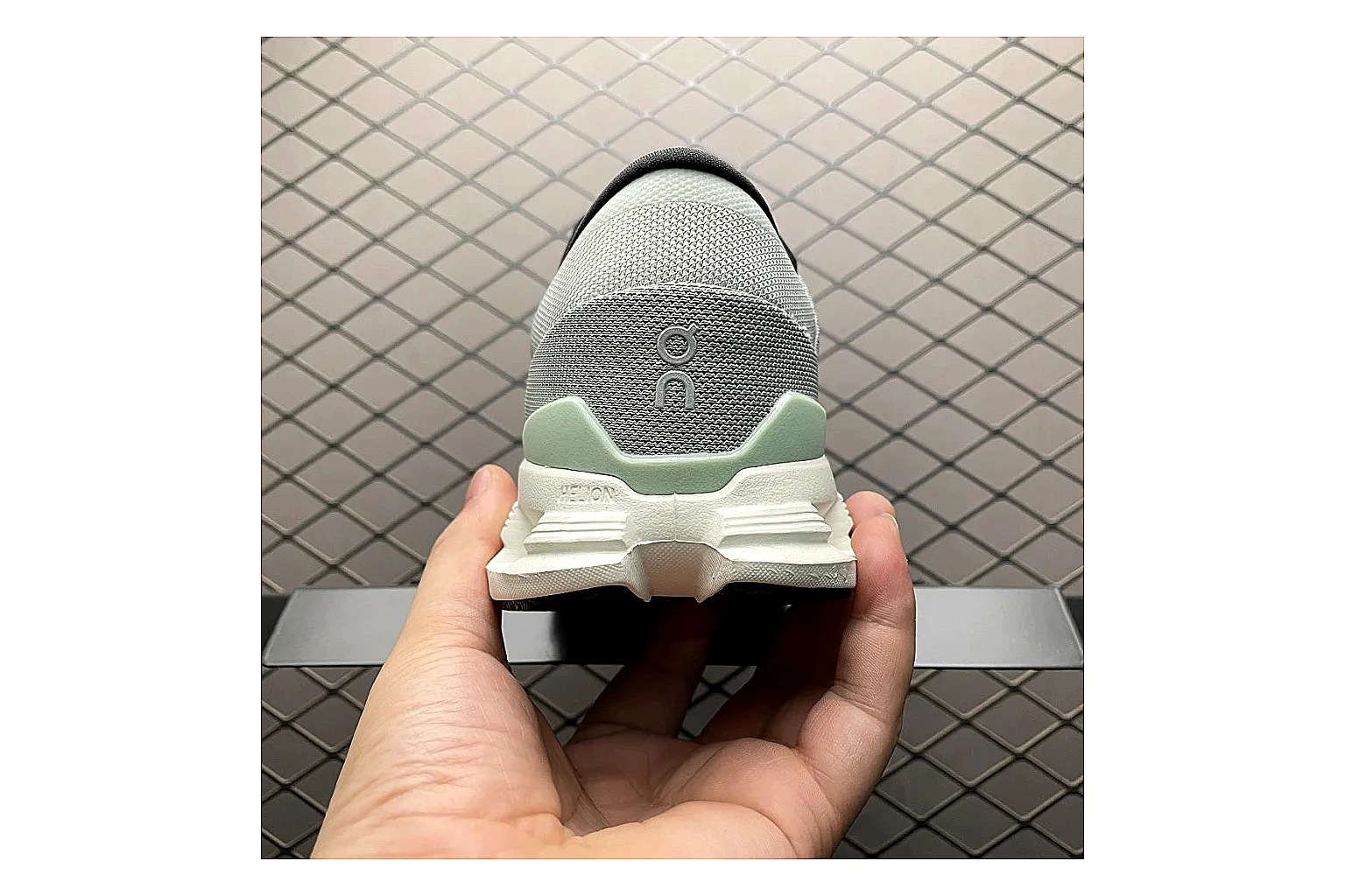 On Cloud X Grey Green Sneaker QC photo showing grey green cloud x trainer with mixed upper and trainer shape thumbnail 5