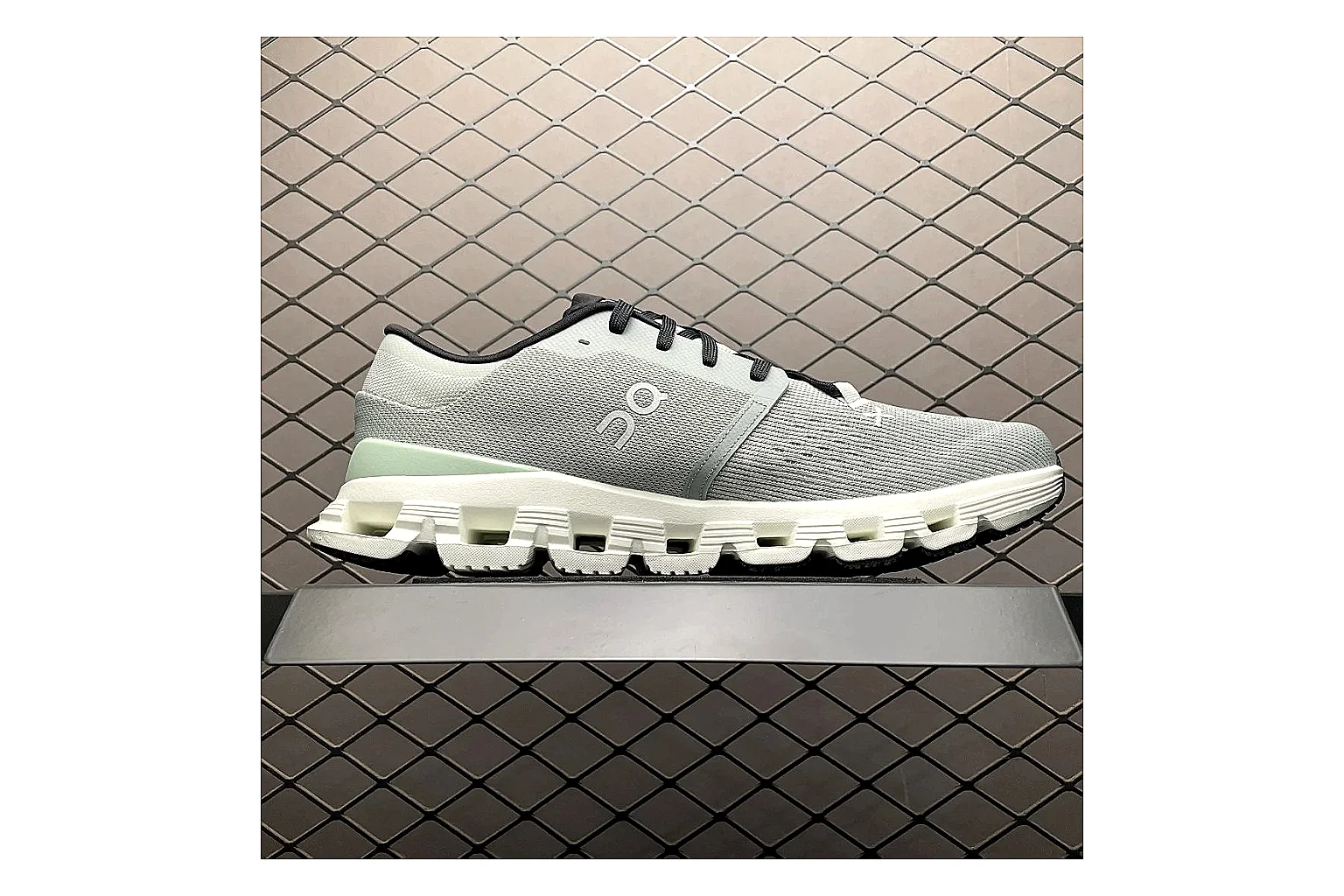 On Cloud X Grey Green Sneaker QC photo showing grey green cloud x trainer with mixed upper and trainer shape thumbnail 6