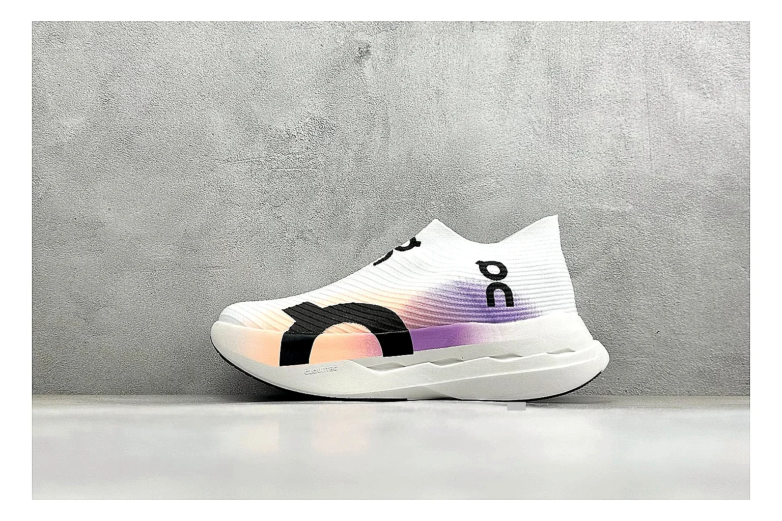 On Cloudboom White Peach QC reference photo showing white performance mesh, peach gradient accents, slim racing profile, and segmented CloudTec sole