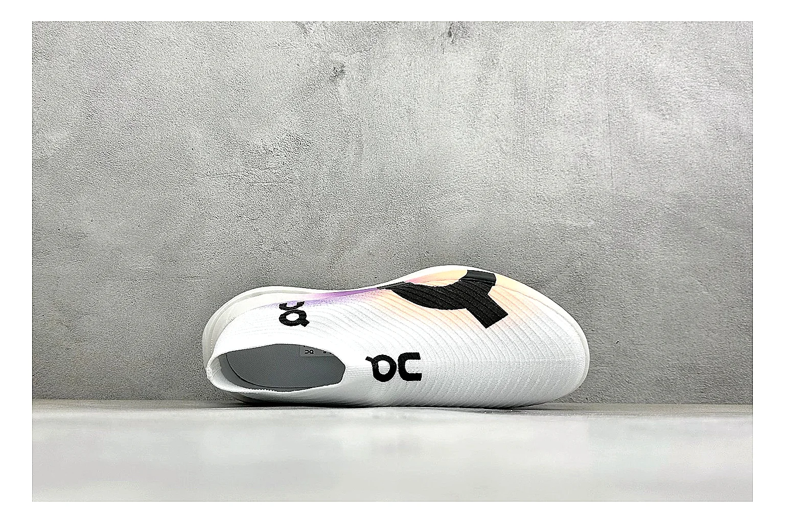 On Cloudboom White Peach QC reference photo showing white performance mesh, peach gradient accents, slim racing profile, and segmented CloudTec sole thumbnail 6