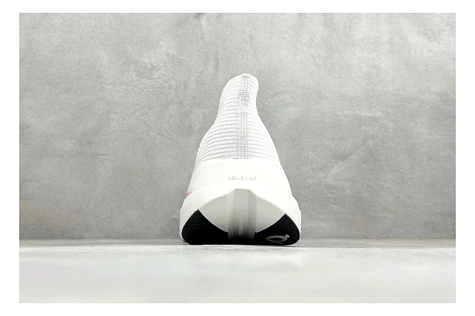 On Cloudboom White Pink QC reference photo showing white running mesh, pink gradient accents, low racing shape, and segmented CloudTec sole