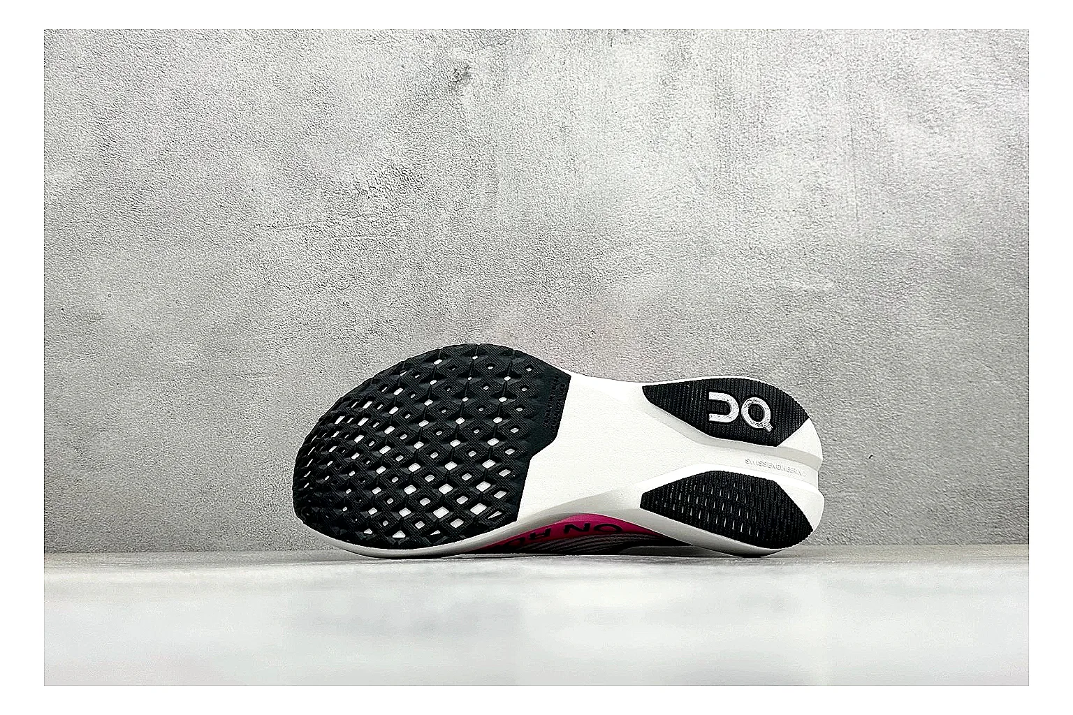 On Cloudboom White Pink QC reference photo showing white running mesh, pink gradient accents, low racing shape, and segmented CloudTec sole thumbnail 3