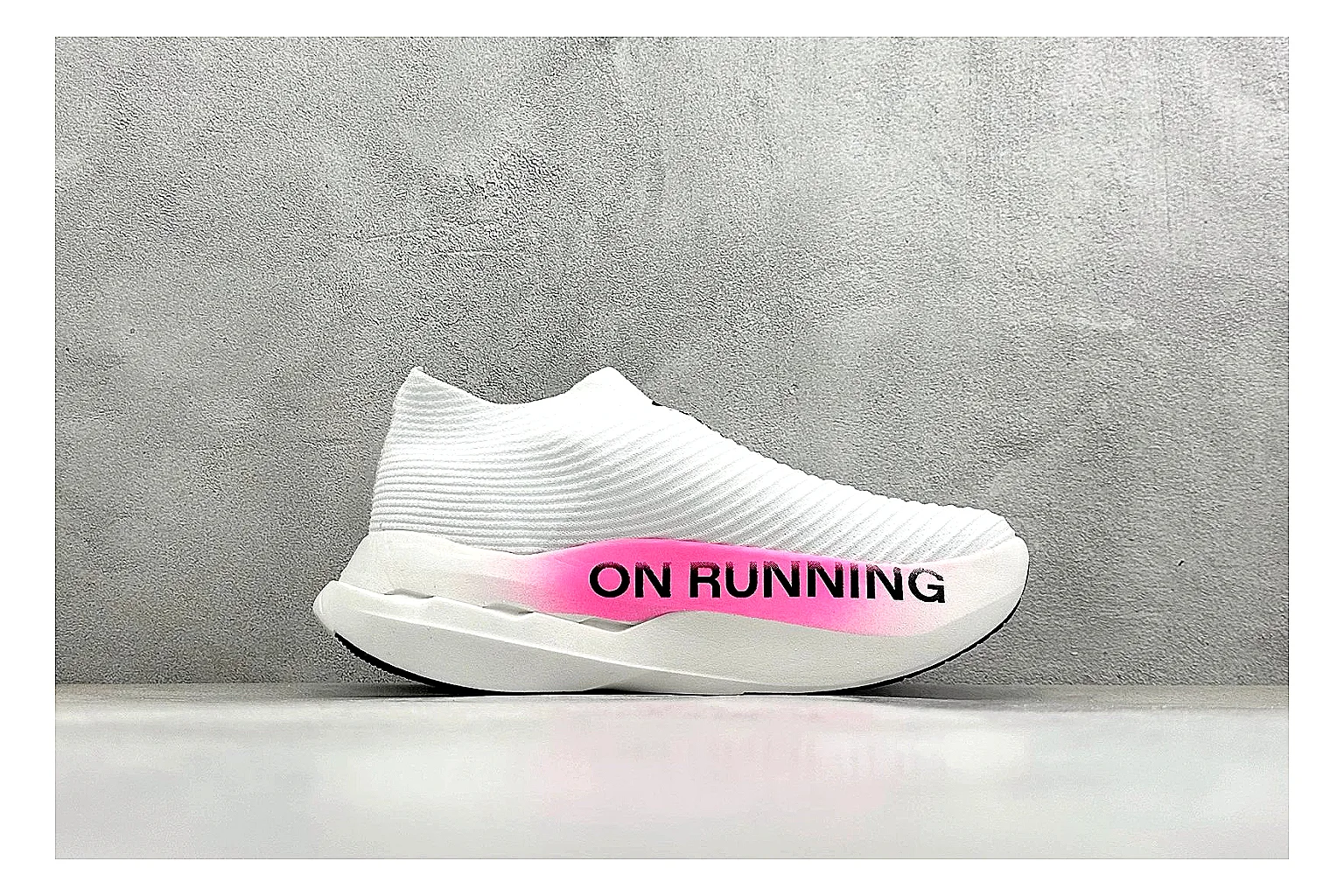 On Cloudboom White Pink QC reference photo showing white running mesh, pink gradient accents, low racing shape, and segmented CloudTec sole thumbnail 5