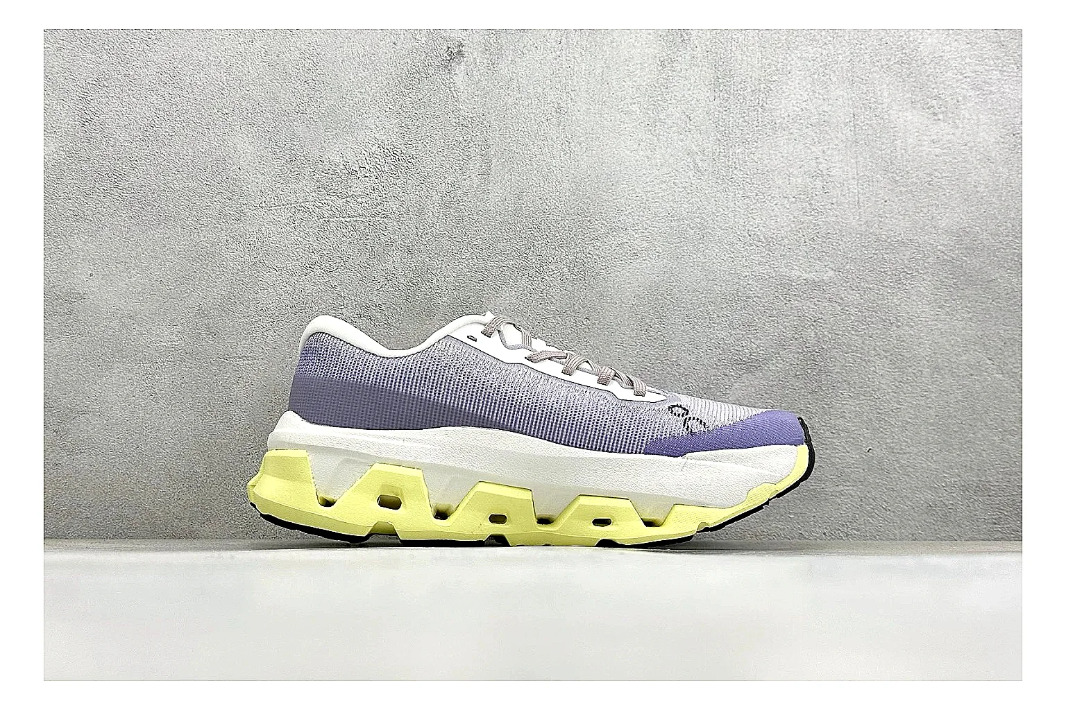 On Cloudmonster Lavender Lime QC reference photo showing lavender runner upper, lime accent hits, oversized CloudTec pod sole, and soft technical color mix thumbnail 5