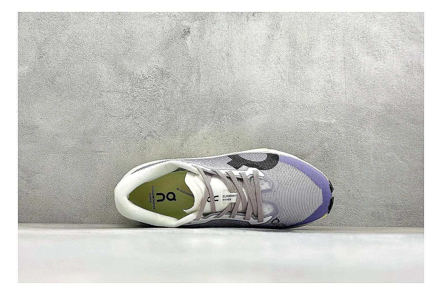 On Cloudmonster Lavender Lime QC reference photo showing lavender runner upper, lime accent hits, oversized CloudTec pod sole, and soft technical color mix thumbnail 6