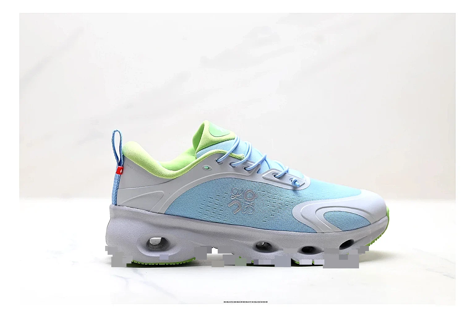 On Cloudsurfer Sky Blue Green Sneakers QC photo reference showing sky blue green running sneakers with mesh texture, side-profile shape, upper panel lines, and outsole detail