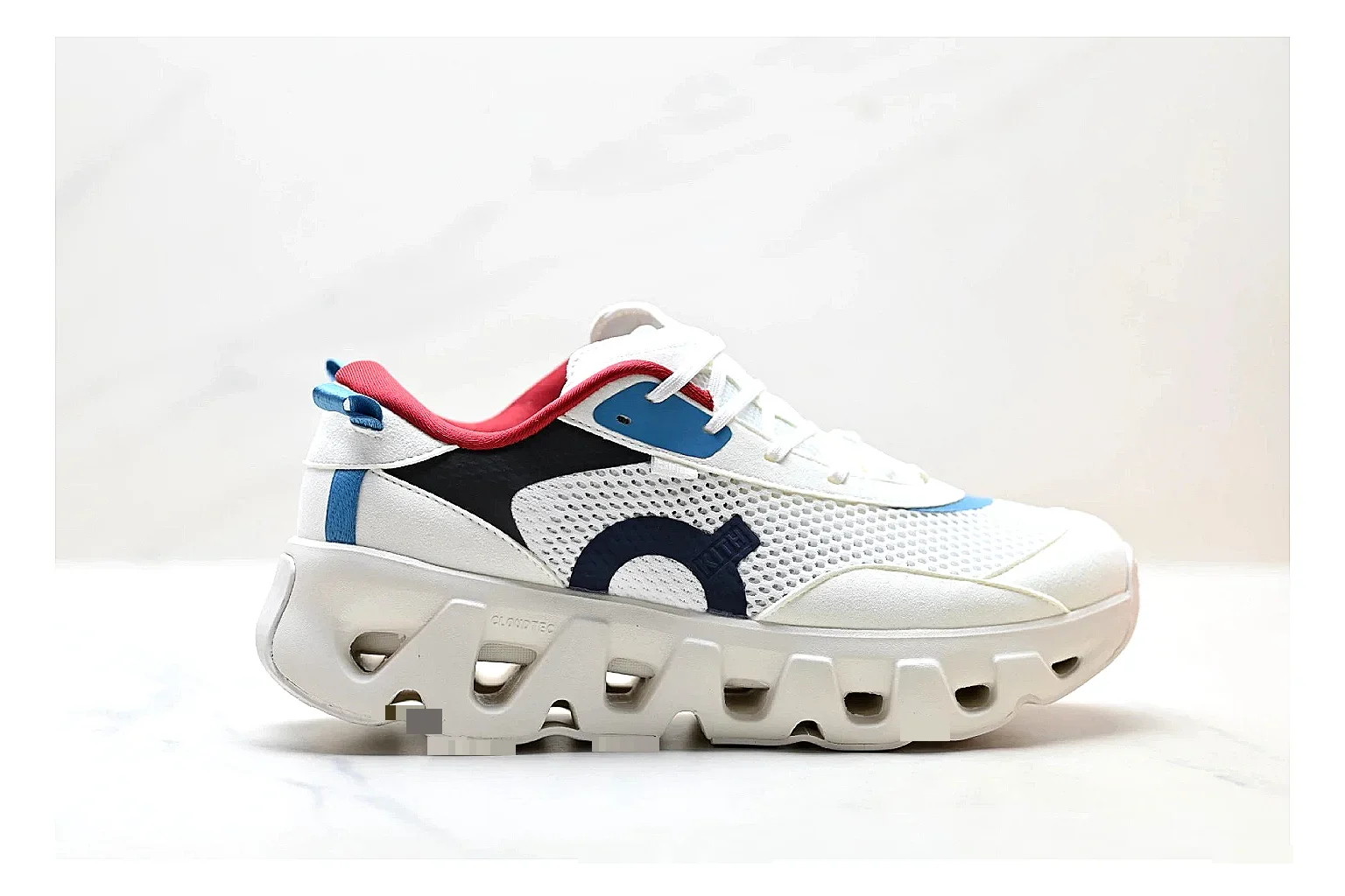 On Cloudswift K-Tech 2 White Blue Red Sneakers QC photo reference showing white blue red running sneakers with mesh texture, side-profile shape, upper panel lines, and outsole detail