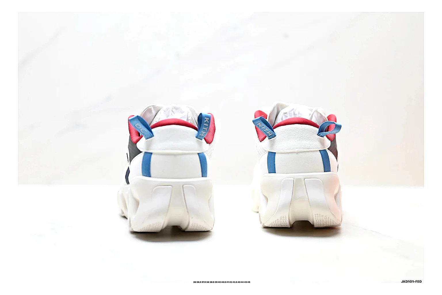 On Cloudswift K-Tech 2 White Blue Red Sneakers QC photo reference showing white blue red running sneakers with mesh texture, side-profile shape, upper panel lines, and outsole detail