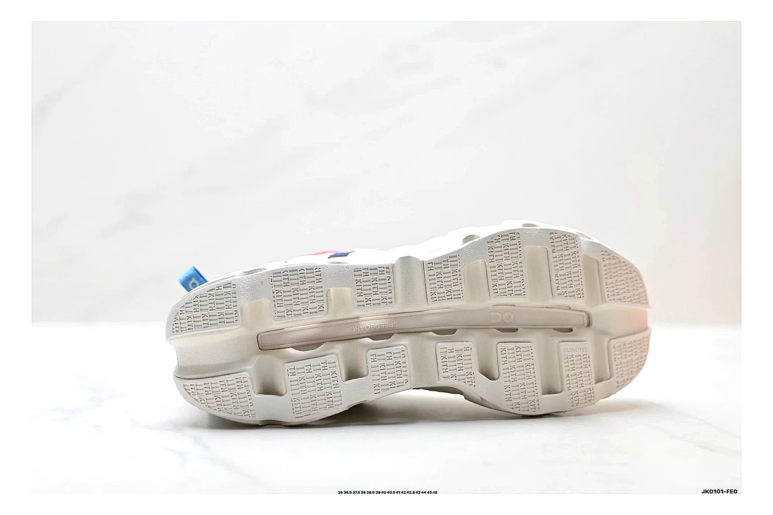 On Cloudswift K-Tech 2 White Blue Red Sneakers QC photo reference showing white blue red running sneakers with mesh texture, side-profile shape, upper panel lines, and outsole detail thumbnail 3