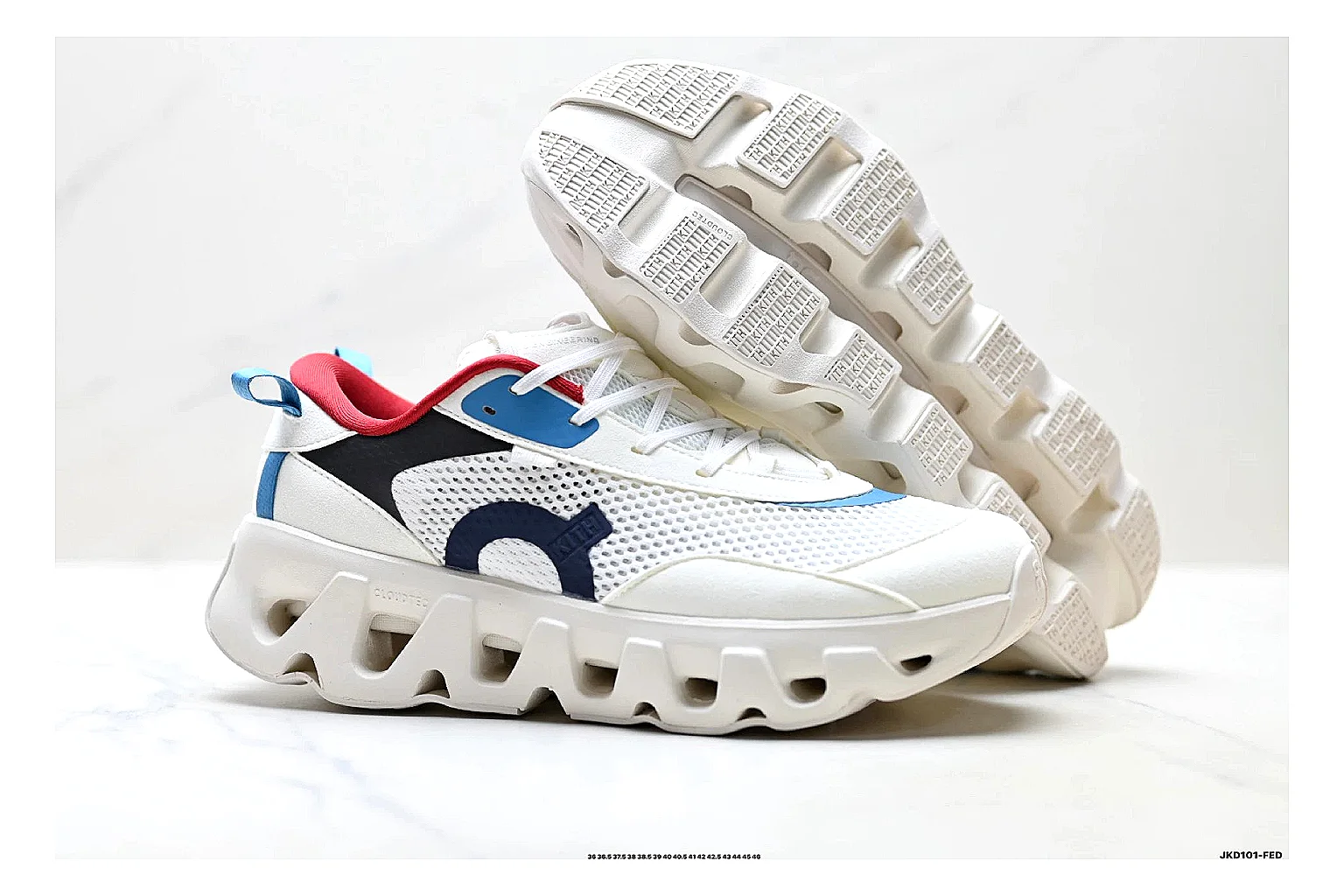 On Cloudswift K-Tech 2 White Blue Red Sneakers QC photo reference showing white blue red running sneakers with mesh texture, side-profile shape, upper panel lines, and outsole detail thumbnail 4
