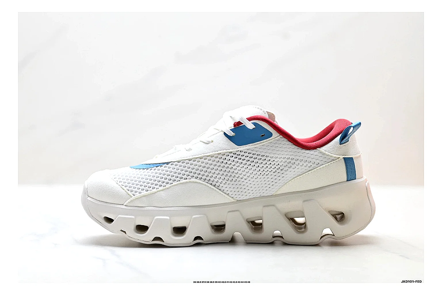On Cloudswift K-Tech 2 White Blue Red Sneakers QC photo reference showing white blue red running sneakers with mesh texture, side-profile shape, upper panel lines, and outsole detail thumbnail 5