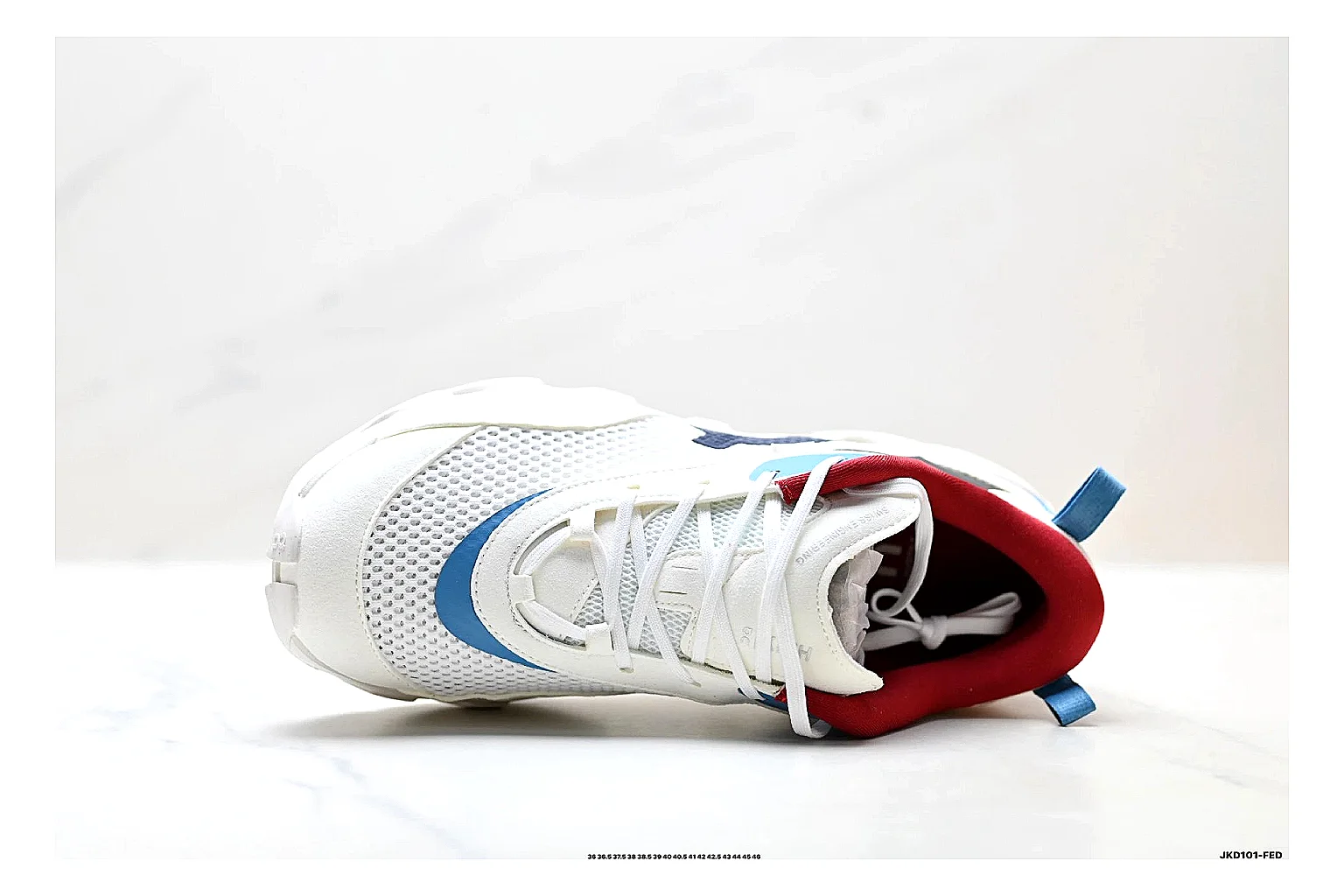 On Cloudswift K-Tech 2 White Blue Red Sneakers QC photo reference showing white blue red running sneakers with mesh texture, side-profile shape, upper panel lines, and outsole detail thumbnail 6
