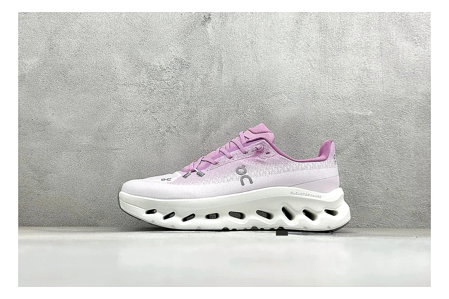 On Cloudtilt Pink QC reference photo showing pink knit-style upper, smooth CloudTec sole, tonal laces, and rounded lifestyle runner shape
