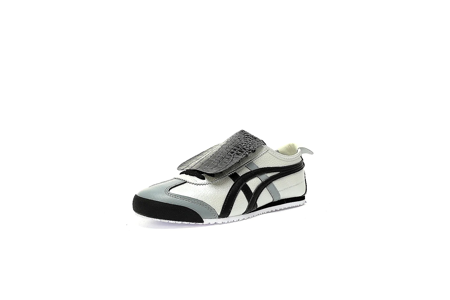 Six-angle QC gallery of white black low-tops with textured flaps and patterned rubber outsole thumbnail 5