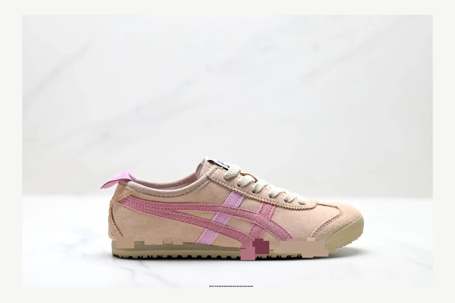 Onitsuka Tiger Beige Pink Sneaker QC photo showing pink beige retro stripe low-top with mixed-material upper and low-profile shape