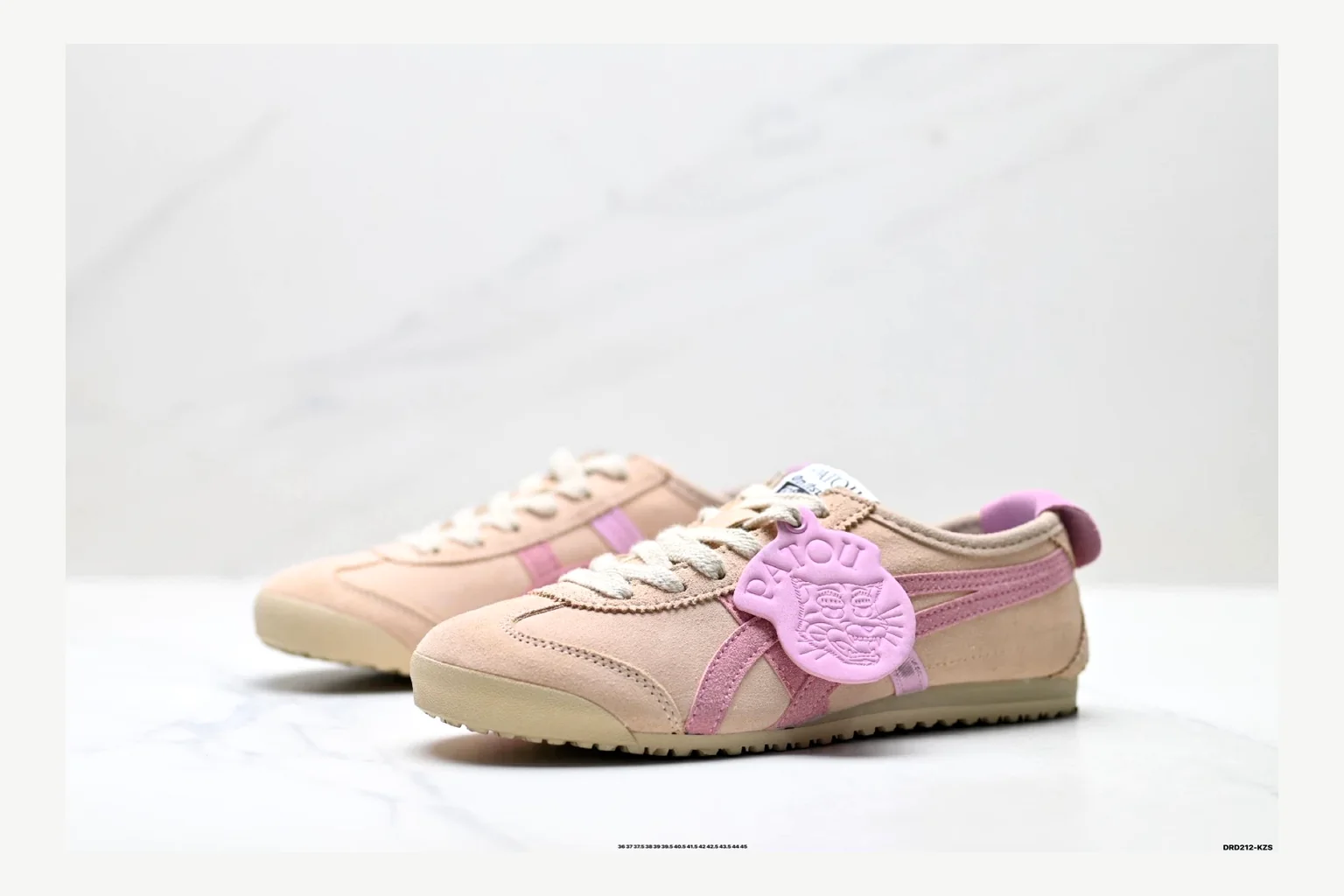 Onitsuka Tiger Beige Pink Sneaker QC photo showing pink beige retro stripe low-top with mixed-material upper and low-profile shape