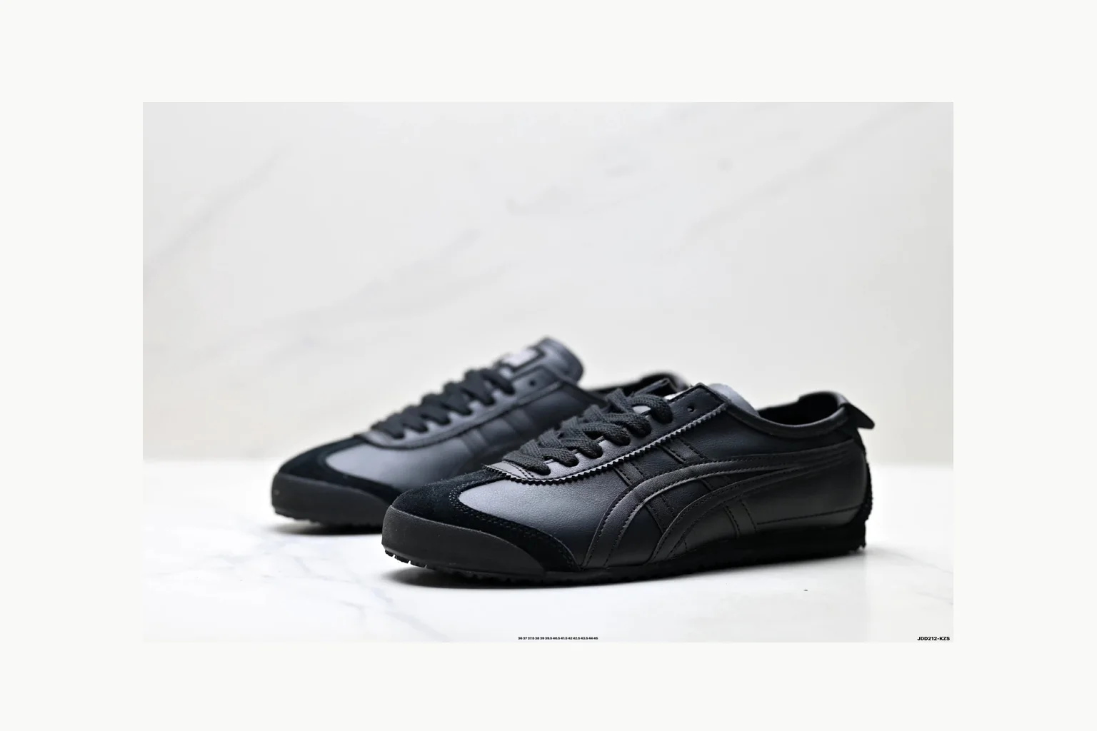 Onitsuka Tiger Black Leather Sneaker QC photo showing black black leather retro low-top with leather upper and low top shape