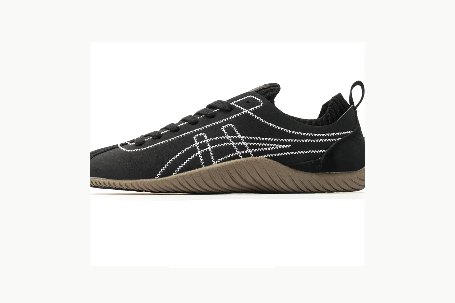 Onitsuka Tiger Black Gum Sneaker QC photo showing black gum black gum retro low-top with mixed upper and low top shape