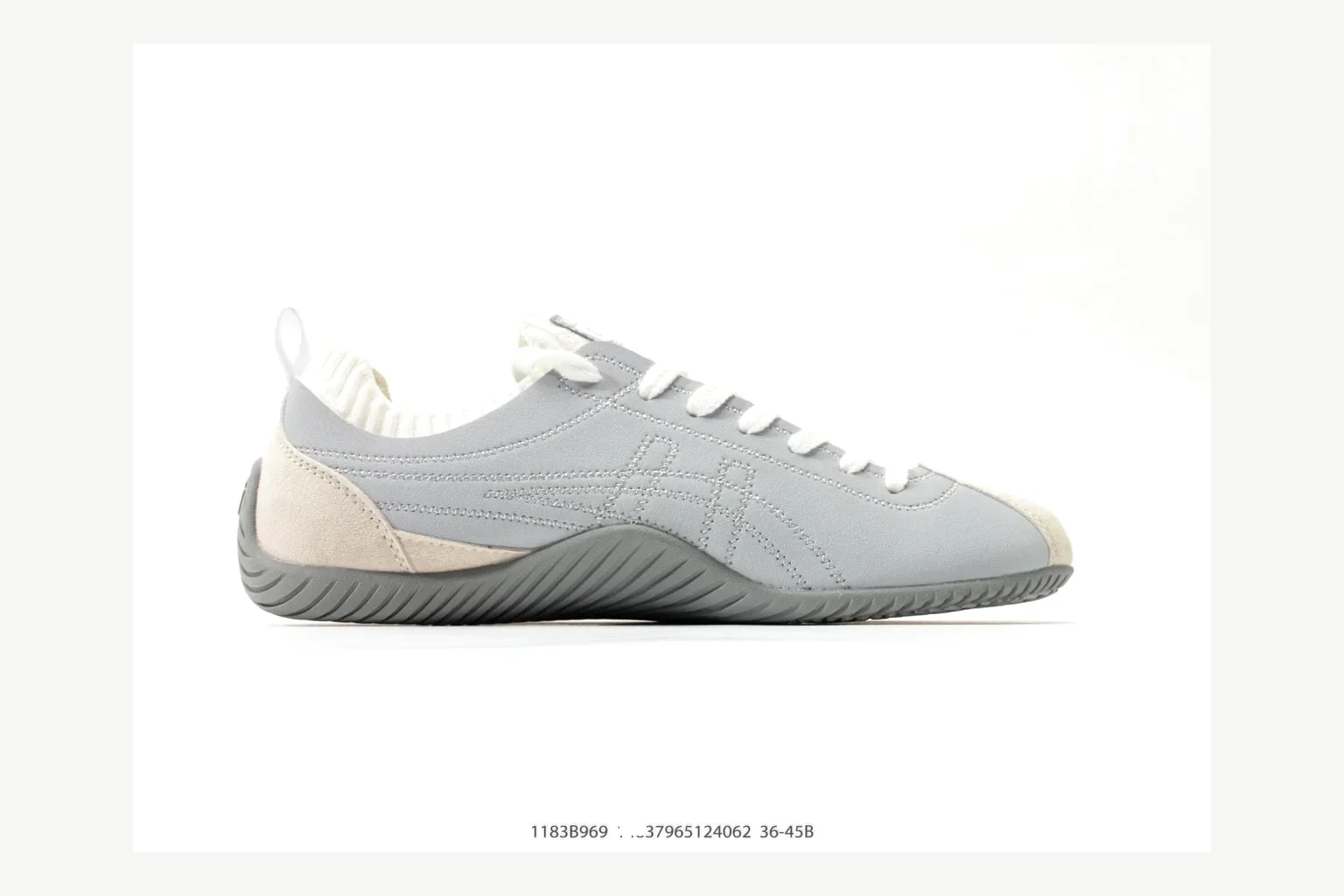 Onitsuka Tiger Grey White Sneaker QC photo showing white grey retro stripe low-top with mixed-material upper and low-profile shape