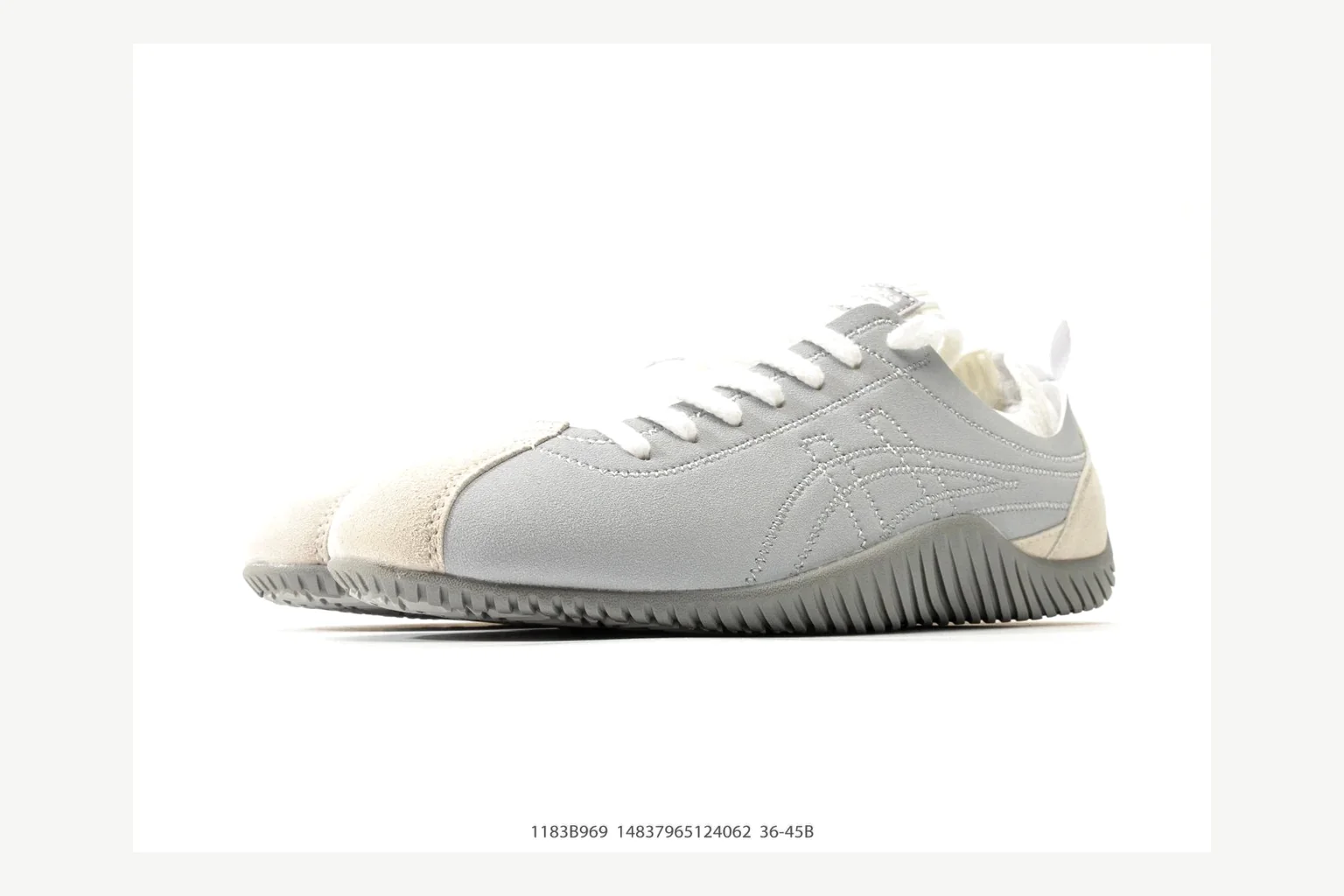 Onitsuka Tiger Grey White Sneaker QC photo showing white grey retro stripe low-top with mixed-material upper and low-profile shape thumbnail 3