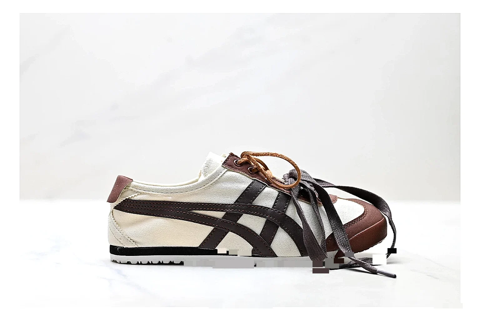 Onitsuka Tiger Mexico 66 Brown Cream Sneakers QC photo reference showing brown cream low-top sneakers with leather texture, side-profile shape, upper panel lines, and outsole detail