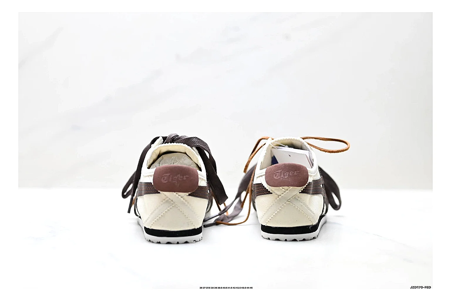 Onitsuka Tiger Mexico 66 Brown Cream Sneakers QC photo reference showing brown cream low-top sneakers with leather texture, side-profile shape, upper panel lines, and outsole detail
