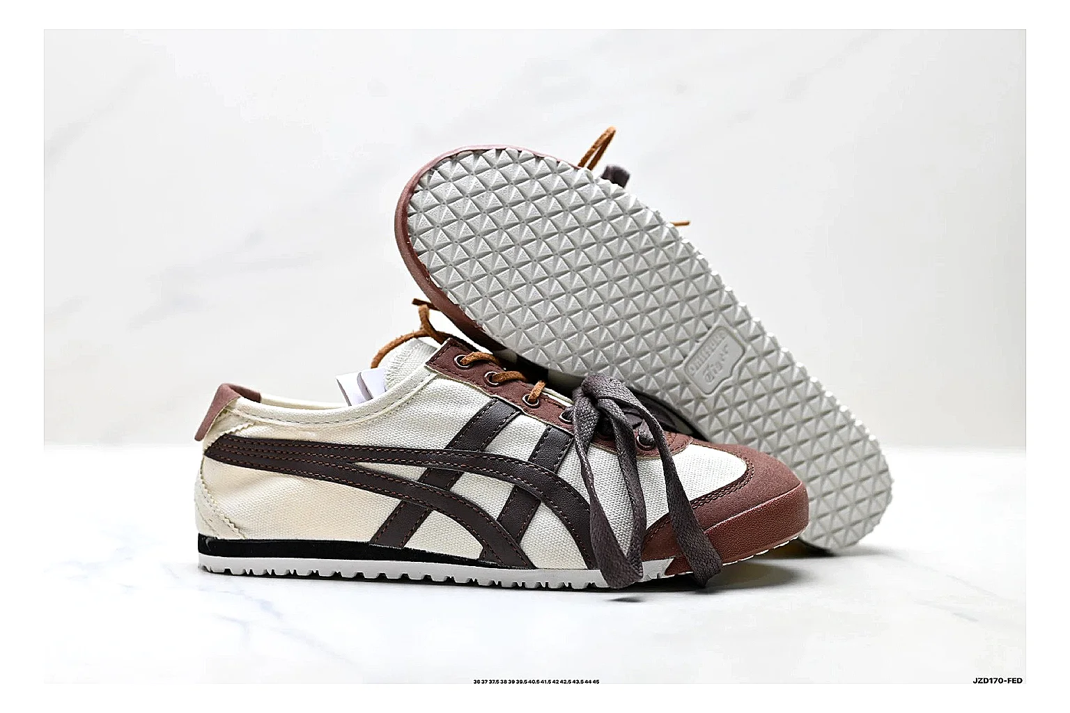 Onitsuka Tiger Mexico 66 Brown Cream Sneakers QC photo reference showing brown cream low-top sneakers with leather texture, side-profile shape, upper panel lines, and outsole detail thumbnail 4