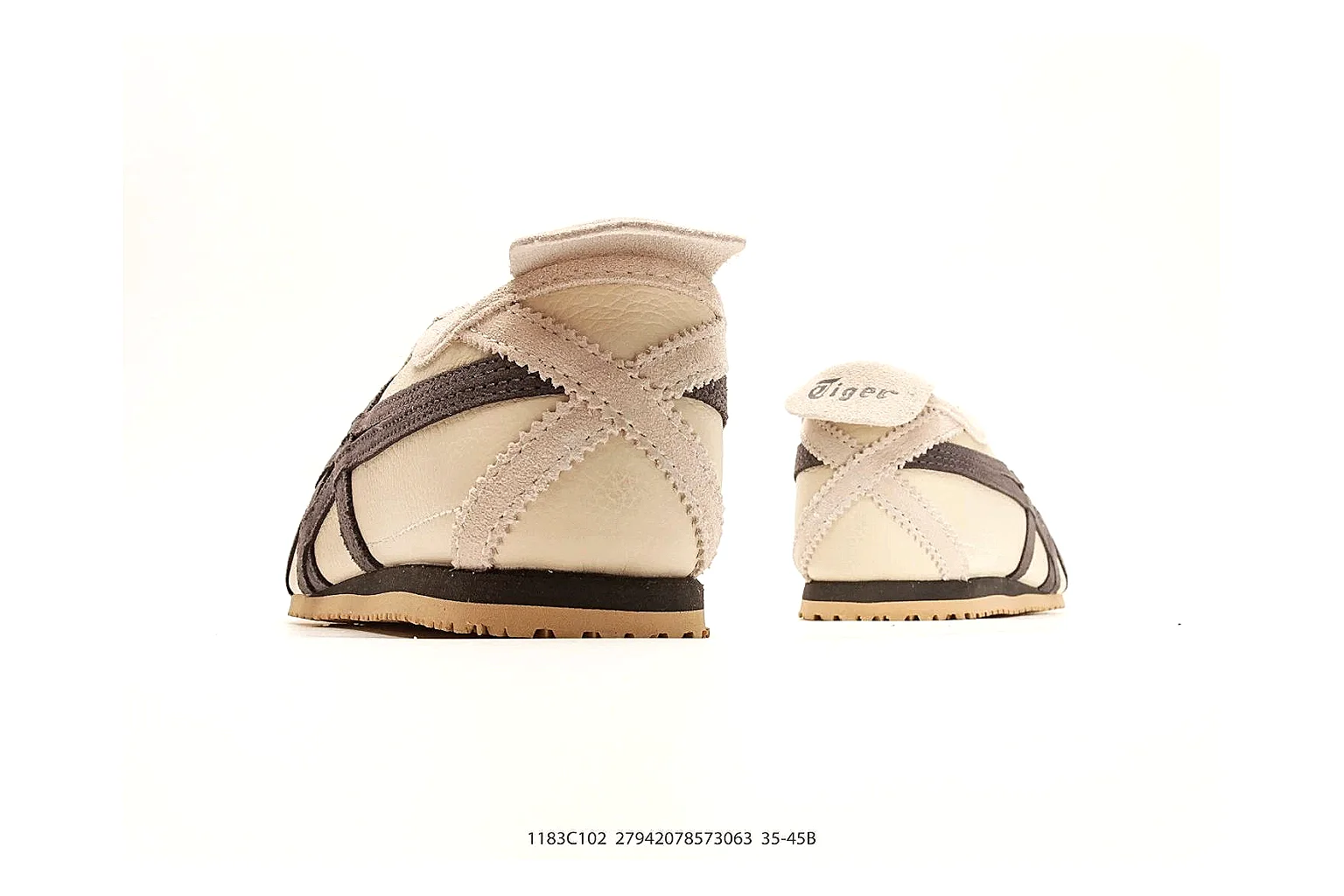 Onitsuka Tiger Mexico 66 Cream Brown Sneakers QC photo reference showing cream brown low-top sneakers with leather texture, side-profile shape, upper panel lines, and outsole detail