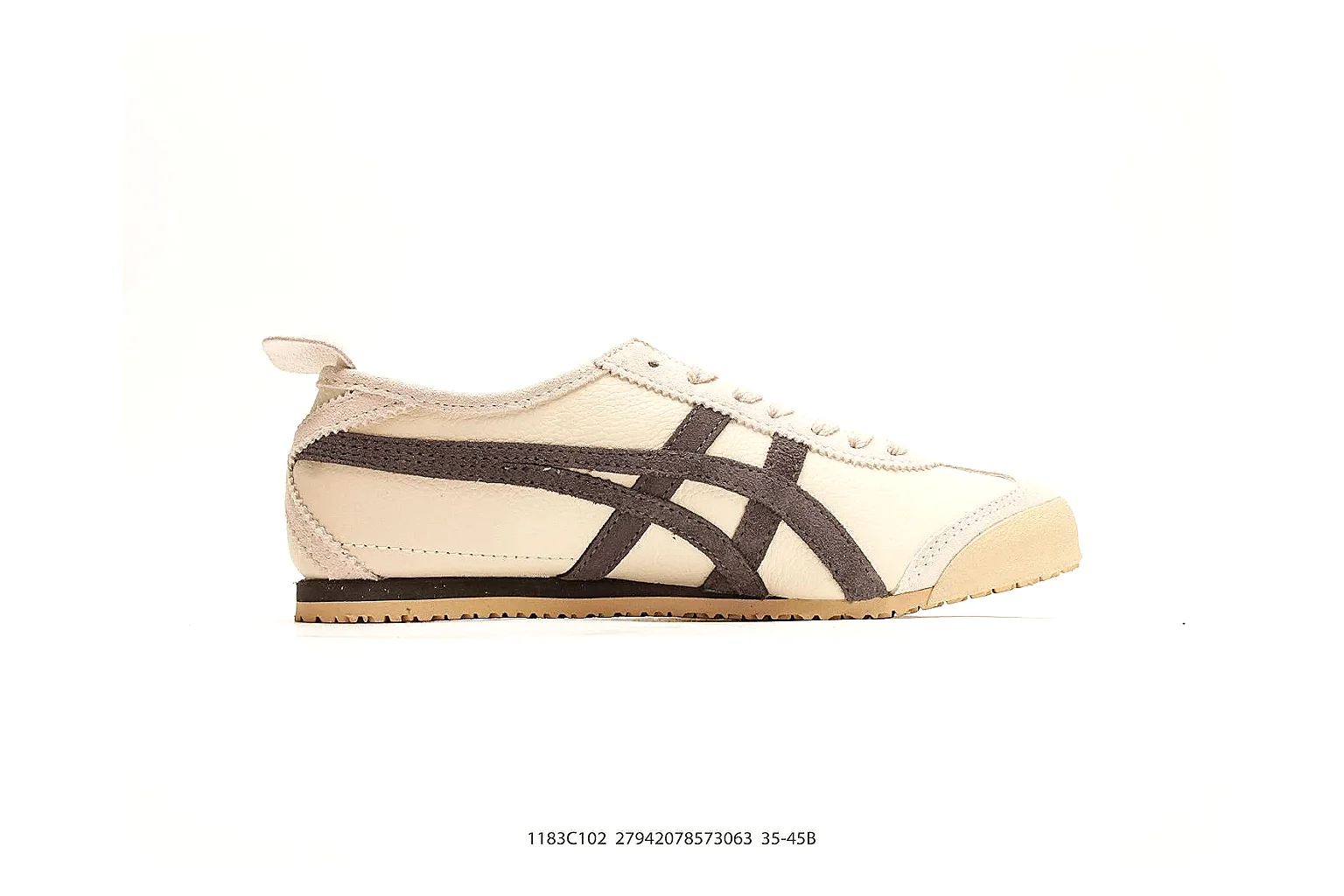 Onitsuka Tiger Mexico 66 Cream Brown Sneakers QC photo reference showing cream brown low-top sneakers with leather texture, side-profile shape, upper panel lines, and outsole detail thumbnail 5