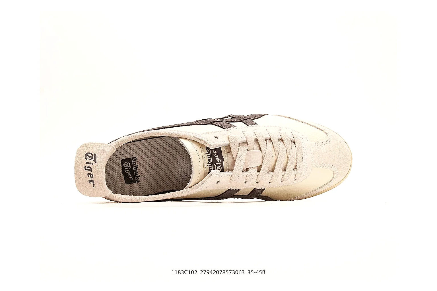 Onitsuka Tiger Mexico 66 Cream Brown Sneakers QC photo reference showing cream brown low-top sneakers with leather texture, side-profile shape, upper panel lines, and outsole detail thumbnail 6