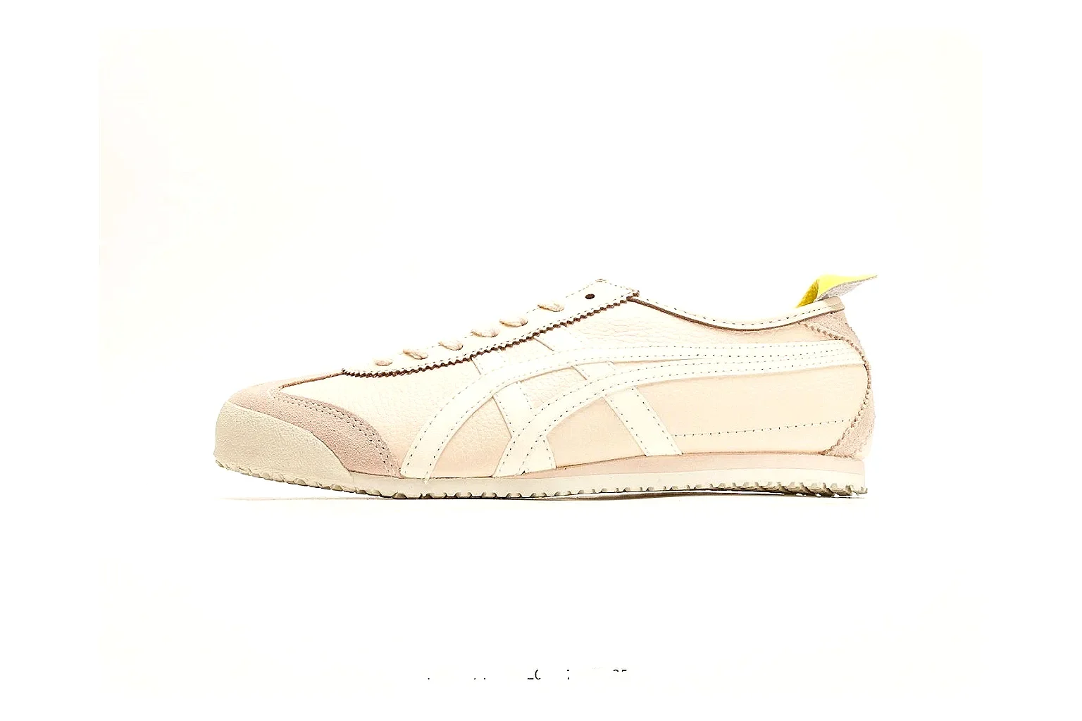 Onitsuka Tiger Mexico 66 Cream Yellow Sneakers QC photo reference showing cream yellow low-top sneakers with leather texture, side-profile shape, upper panel lines, and outsole detail