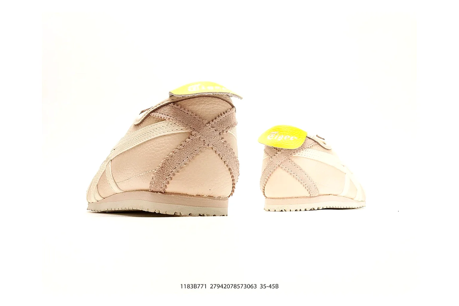 Onitsuka Tiger Mexico 66 Cream Yellow Sneakers QC photo reference showing cream yellow low-top sneakers with leather texture, side-profile shape, upper panel lines, and outsole detail