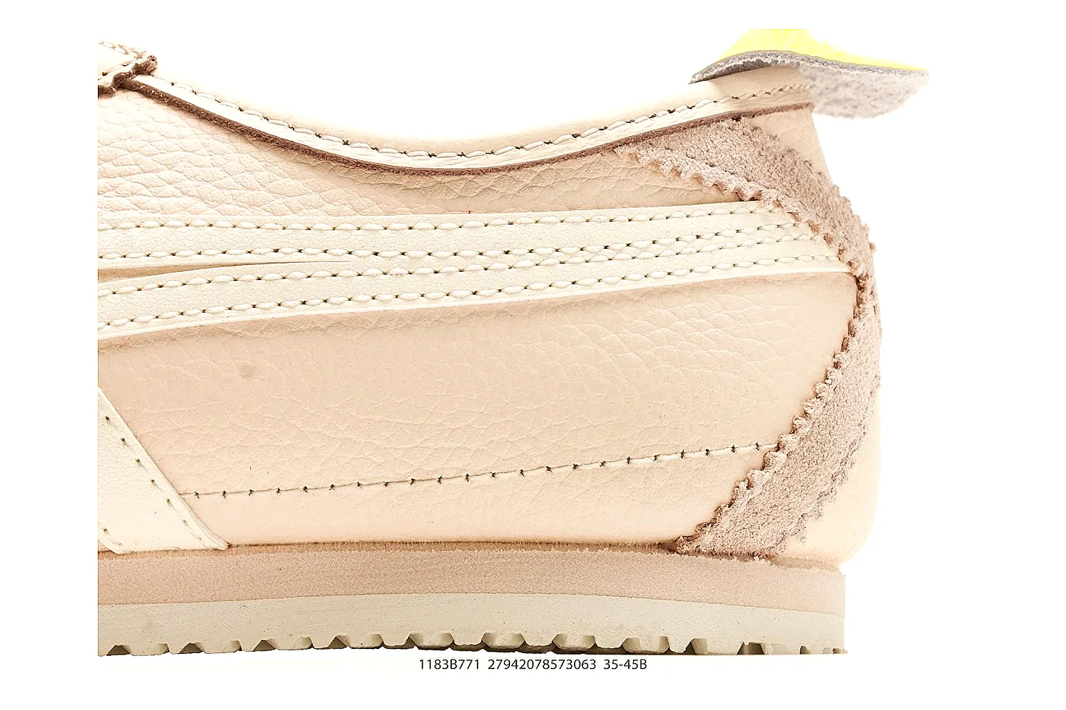 Onitsuka Tiger Mexico 66 Cream Yellow Sneakers QC photo reference showing cream yellow low-top sneakers with leather texture, side-profile shape, upper panel lines, and outsole detail thumbnail 4